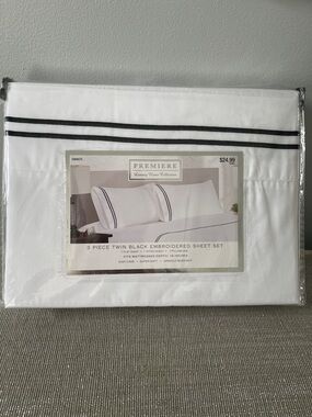 Premier White Twin Sheet Set with Black Embroidered Stripes